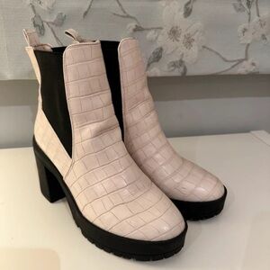 Elegant Cream Croc-Embossed Ankle Boots